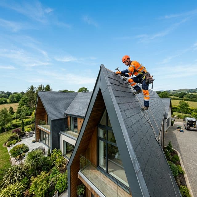 Echipa GRD Dachservice lucrând la un acoperiș nou